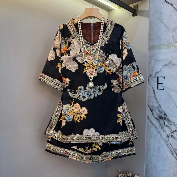 夏季新款重工亮片印花工艺国风气质大码韩系宽松百搭短裤套装9110