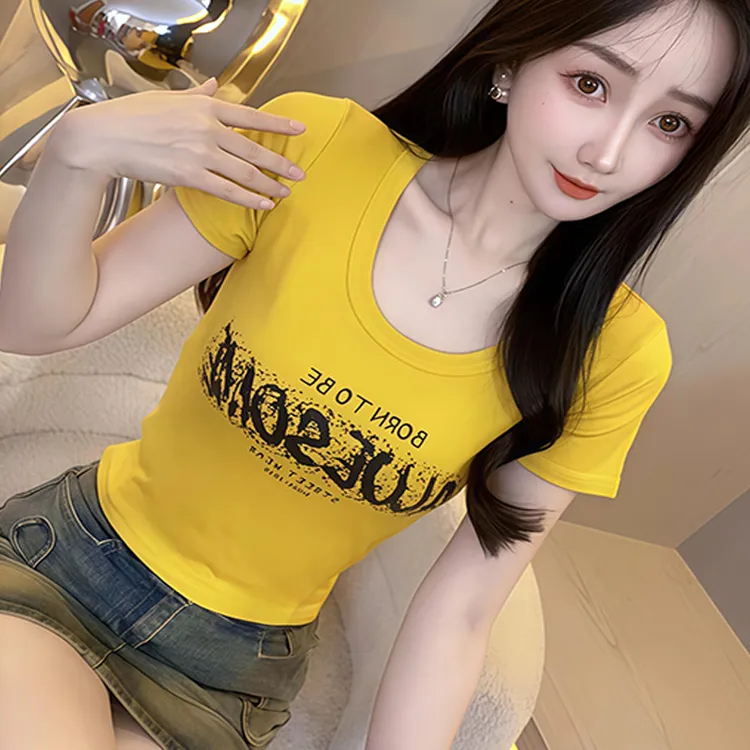 高含棉设计感时尚印花拼接短袖t恤女2025年夏季新款洋气减龄上衣