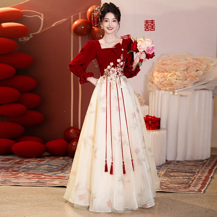 大码敬酒服2025新款胖mm200斤酒红色新娘结婚晚礼服订婚连衣裙女