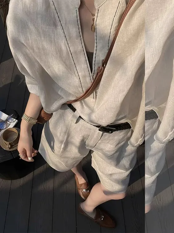 极简老钱风松弛感穿搭夏季原色亚麻宽松气质衬衫上衣短裤套装