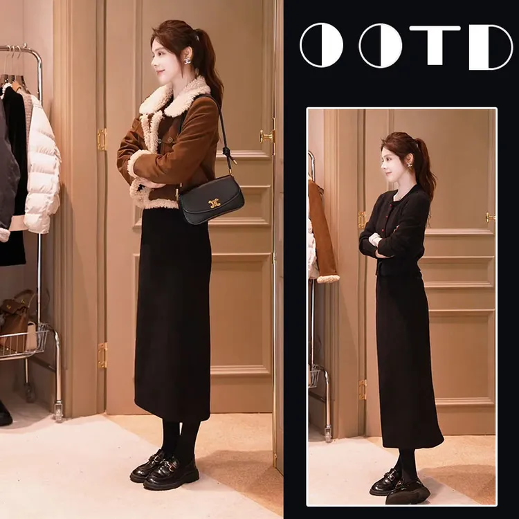 秋冬季韩系搭配一整套今年流行套装百搭上衣短款外套半身裙三件套