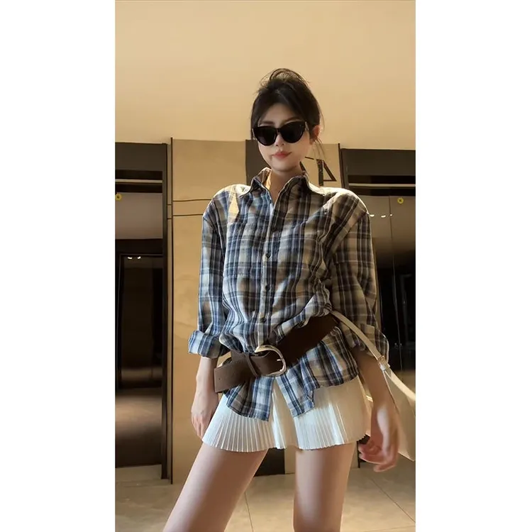 复古慵懒风高级感格纹POLO领长袖衬衫女春季宽松显瘦气质百搭衬衣