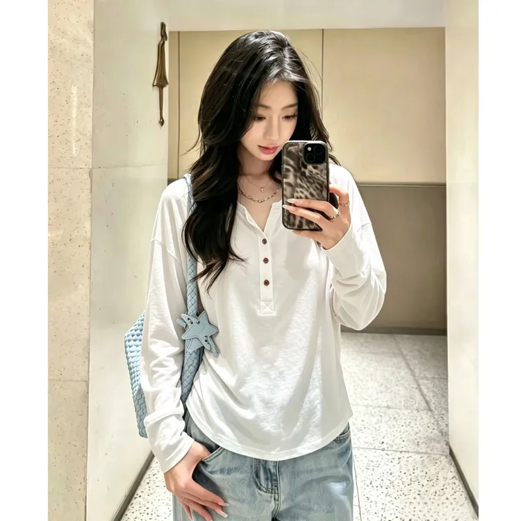 韩系大码遮肉蝙蝠袖亨利领短袖/长袖女秋夏抽褶收腰显瘦透气上衣商品图