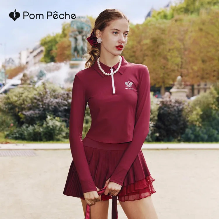 PomPeche彭派奇衫秋新款长袖红色上衣套头衫网球运动服菁英Polo