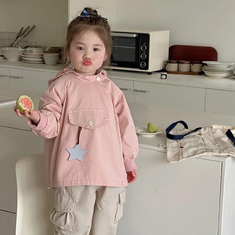 女童风衣外套秋款春装2025新款韩版洋气中长款女宝宝春秋连帽上衣