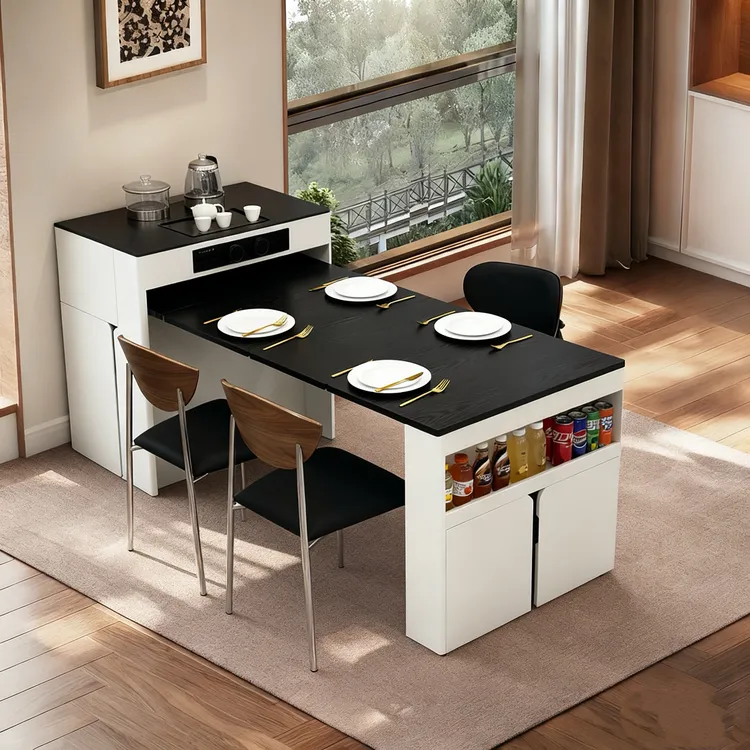 岩板餐桌可伸缩折叠长方形黑色2025新款小户型多功岛台餐桌一体