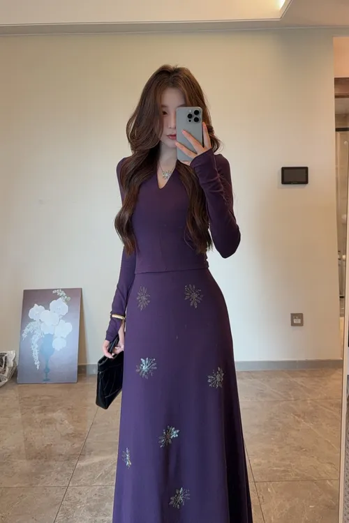 法式高级感时尚套装气质上衣紫穿搭一整套半身裙烫钻两件套8040#