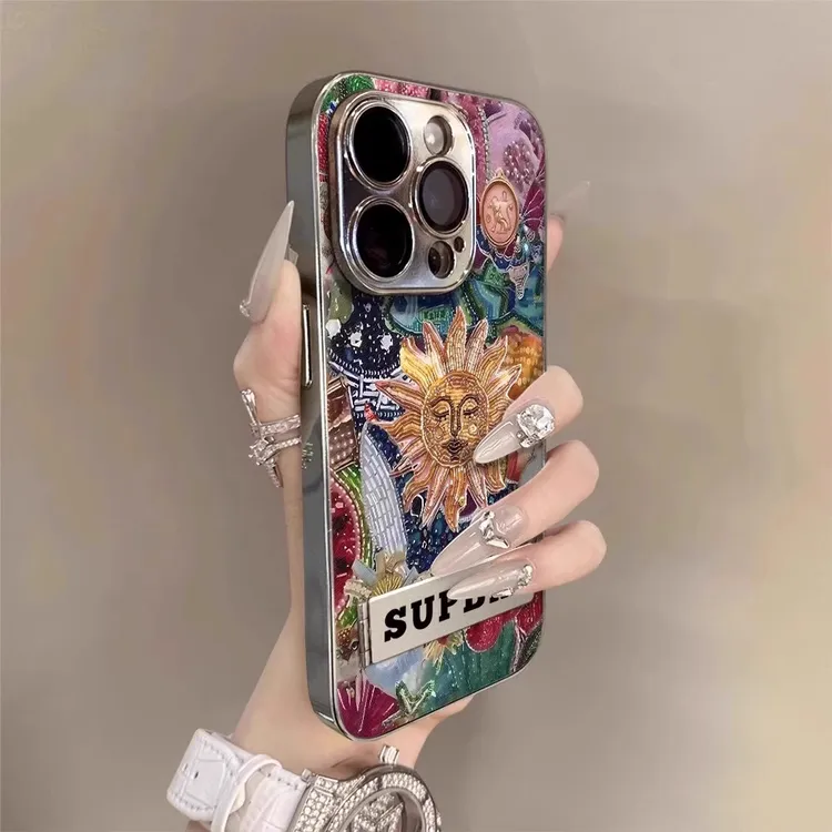 复古太阳神适用苹果16promax手机壳新款彩绘iphone15电镀小羊皮14