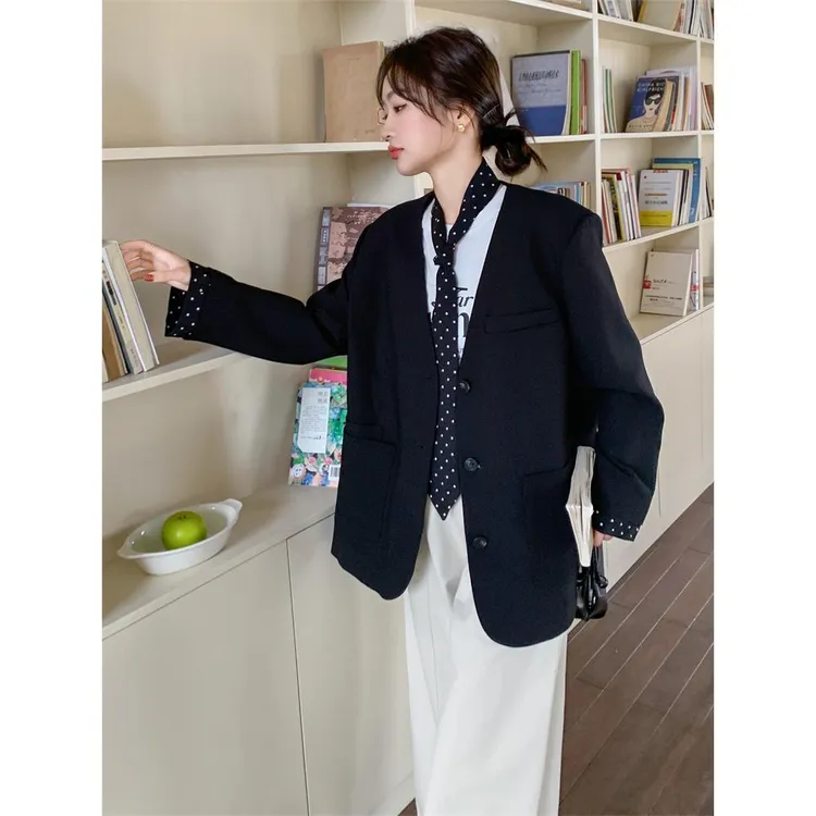 波点领结黑色西装外套女春秋2025新款休闲气质百搭西服炸街高级感