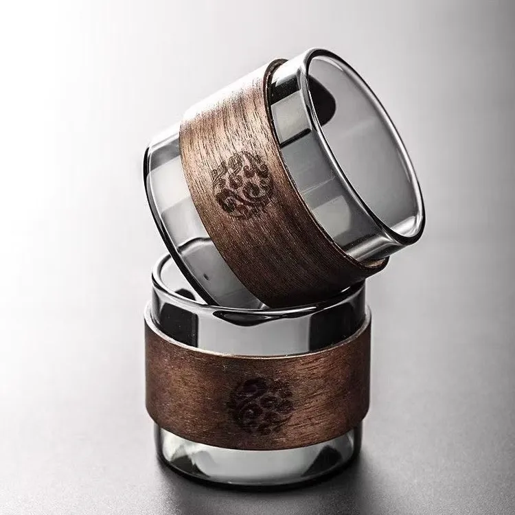 胡桃木日式玻璃茶杯耐热防烫主人杯品茗杯家用个人单杯功夫茶道杯