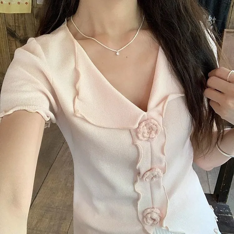 冰丝耳边温柔气质显瘦花朵针织短袖女2025夏季新款设计感气质上衣