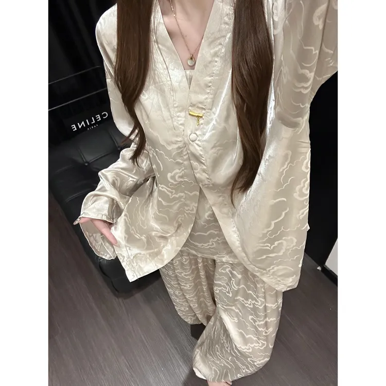 清冷高级感国风印花睡衣女夏季新款吊带开衫长裤三件套家居服外穿