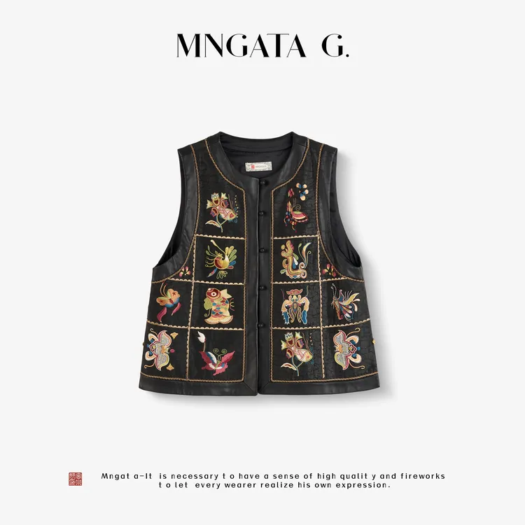 MNGATA G.宫小妍【苗绣·万物生】羊皮秋冬新中式国风马甲5071517