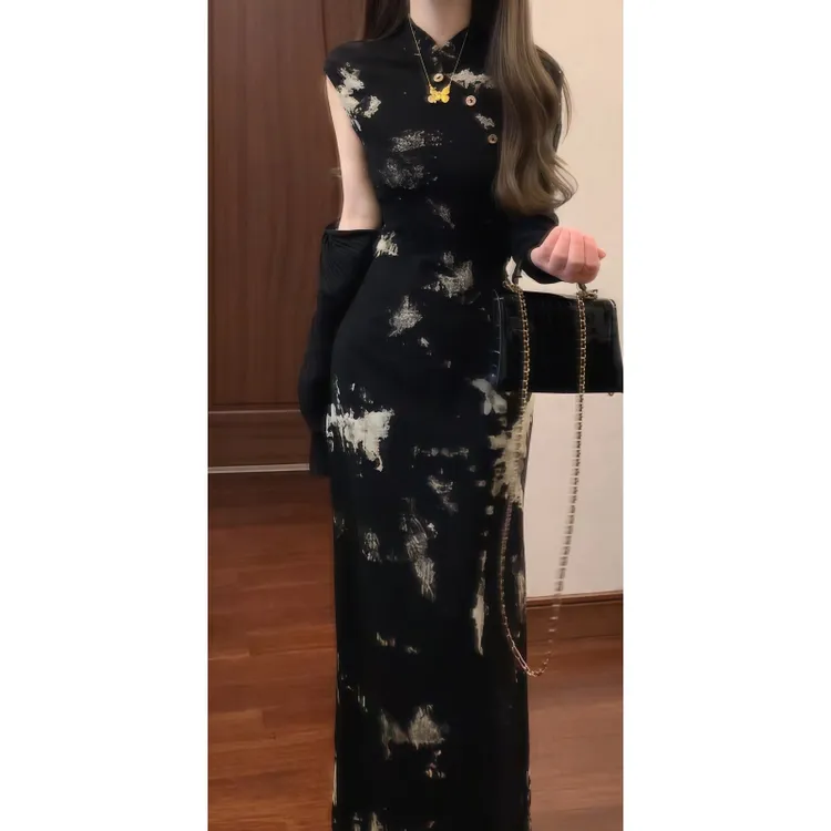 新中式国风复古木扣扎染改良旗袍连衣裙修身长裙&防晒空调衫9317