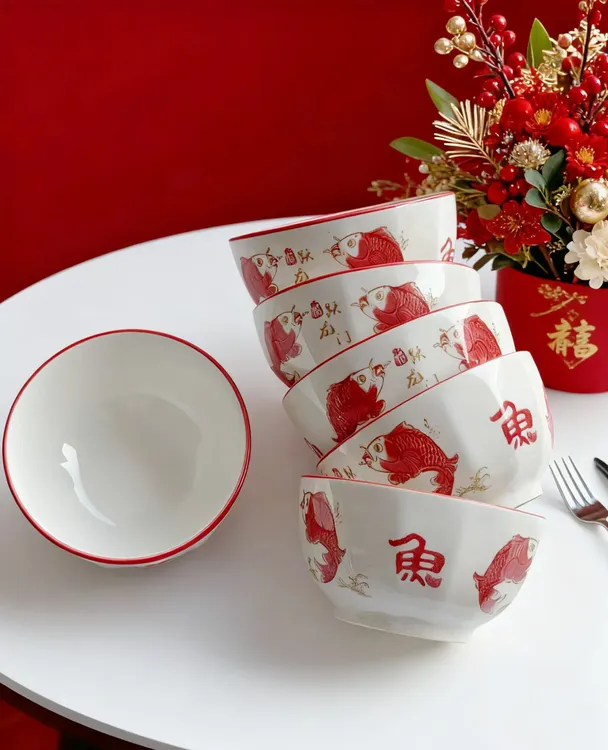 【6只装】鱼跃龙门5英寸加厚大号龙骨碗乔迁送礼结婚米饭碗家用陶瓷