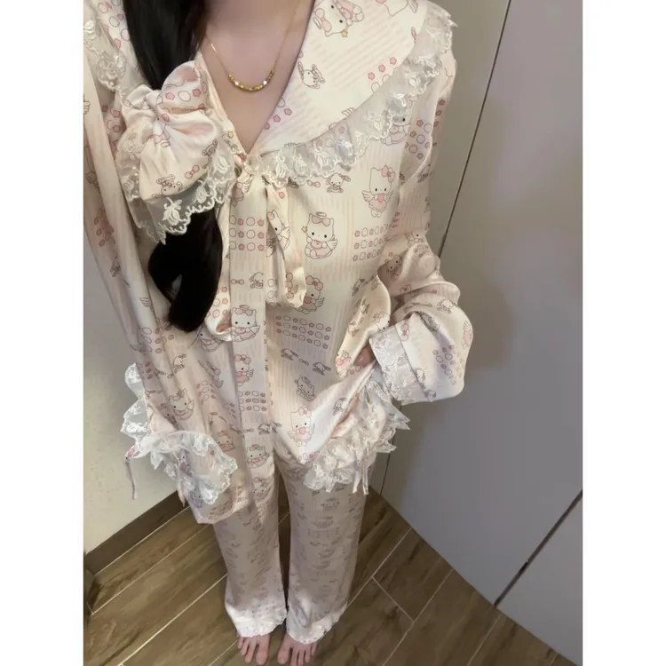日系甜美蕾丝边Kitty冰丝睡衣女秋季新款大码长袖长裤家居服套装