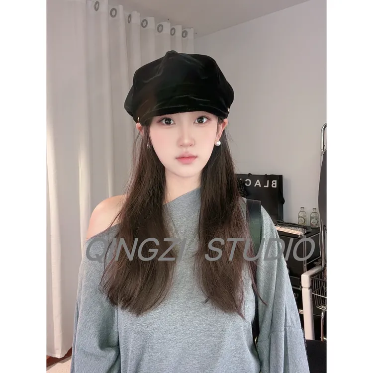 晴子高端线2025新款金丝绒八角帽金扣日系显脸小大头围秋冬报童帽