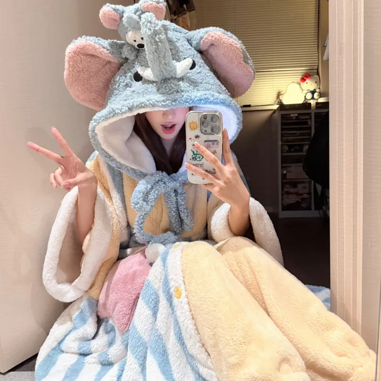 睡袍女冬季加绒加厚保暖睡衣珊瑚绒可爱大码浴袍可外穿家居服套装