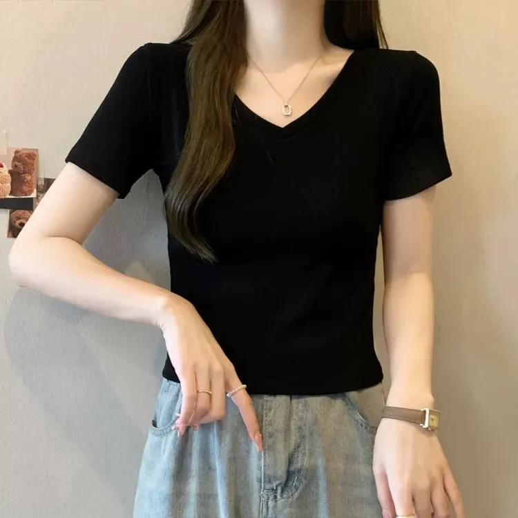 复古正肩v领短袖t恤女装夏季2025新款基础款百搭修身收腰辣妹上衣