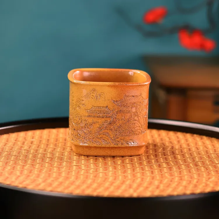 宜兴正宗紫砂茶道四方火云烧茶杯管庆飞山水江南原矿紫砂主人杯