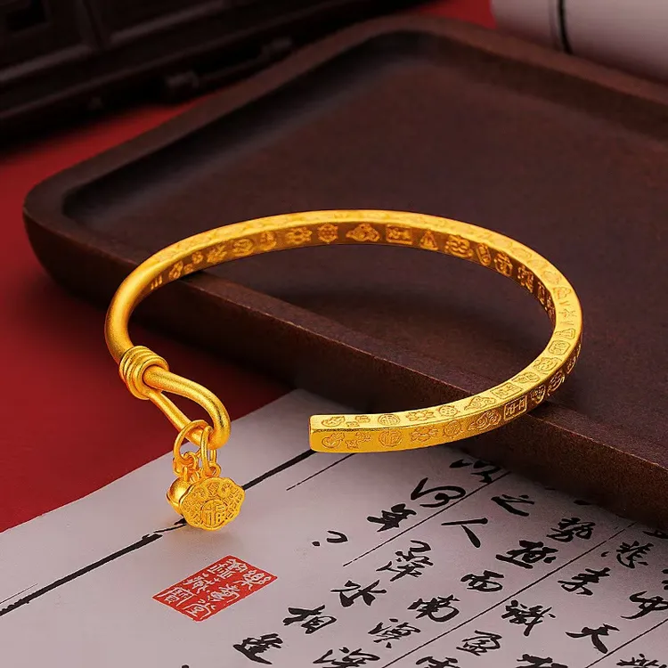 铜合金手镯 热卖新中式吉言宫铃越南金挂铃铛如意福字吉言手环