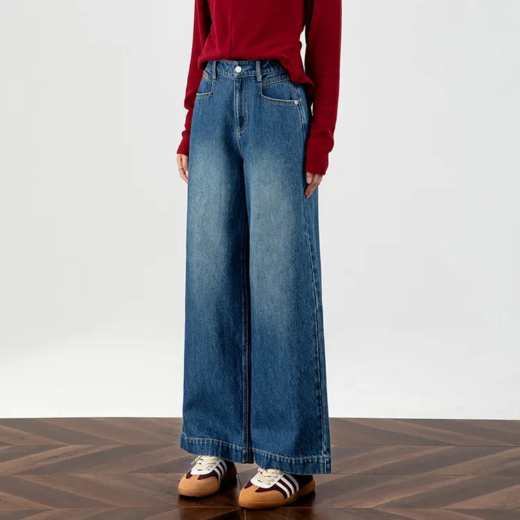 中直筒阔腿牛仔裤2025秋冬女士加绒裤子宽松阔腿裤小个子十分长裤