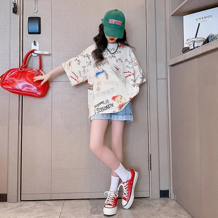 女童短袖t恤2025新款夏季大童洋气时髦半袖T女孩夏装衣服儿童上衣