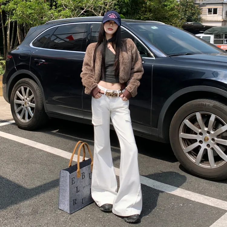 早秋新款&美式复古高街辣妹低腰微喇牛仔工装裤女