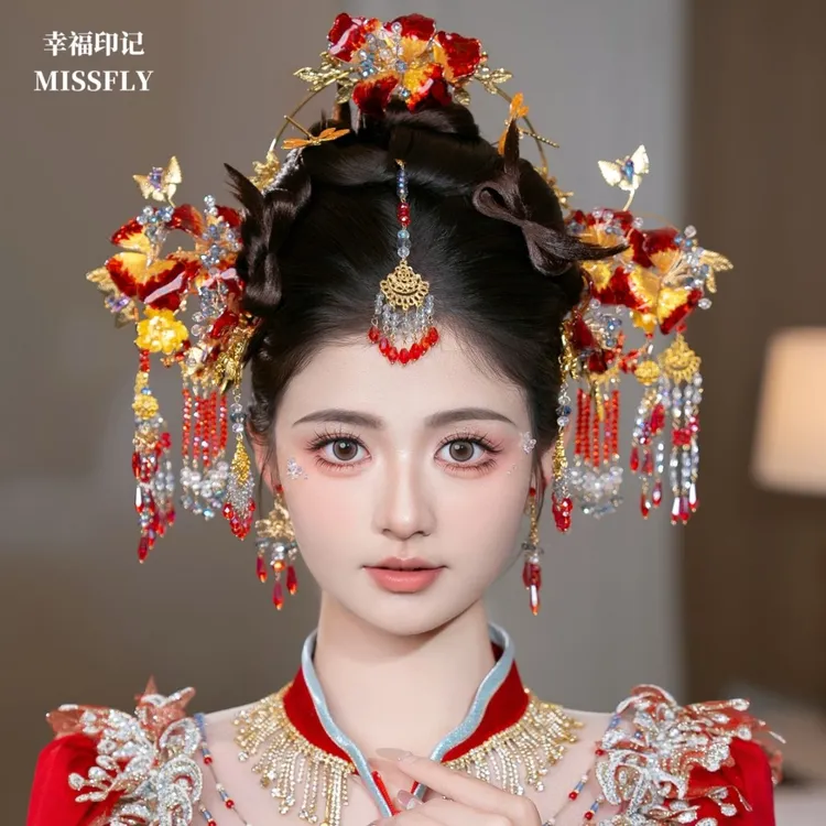 金红色圣女冠新娘秀禾头饰旗袍龙凤褂新中式发饰发冠配饰品减龄