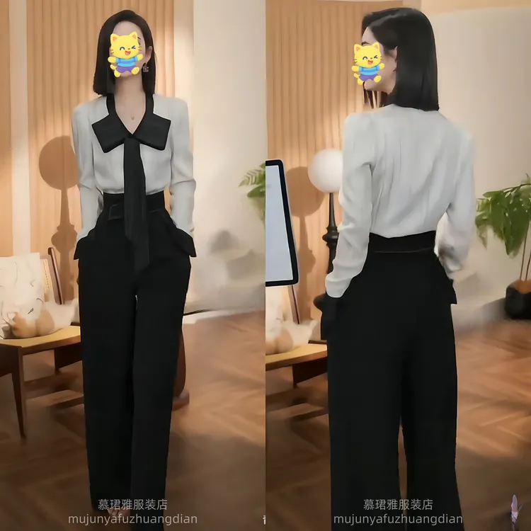 2025年早秋新款法式小香风时尚套装通勤优雅撞色衬衫高腰阔腿裤。