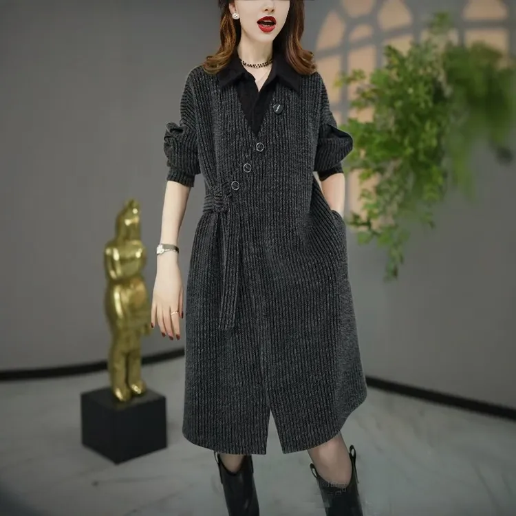 原创设计师款冬季高货欧版加厚保暖假两件宽松遮肉连衣裙打底裙