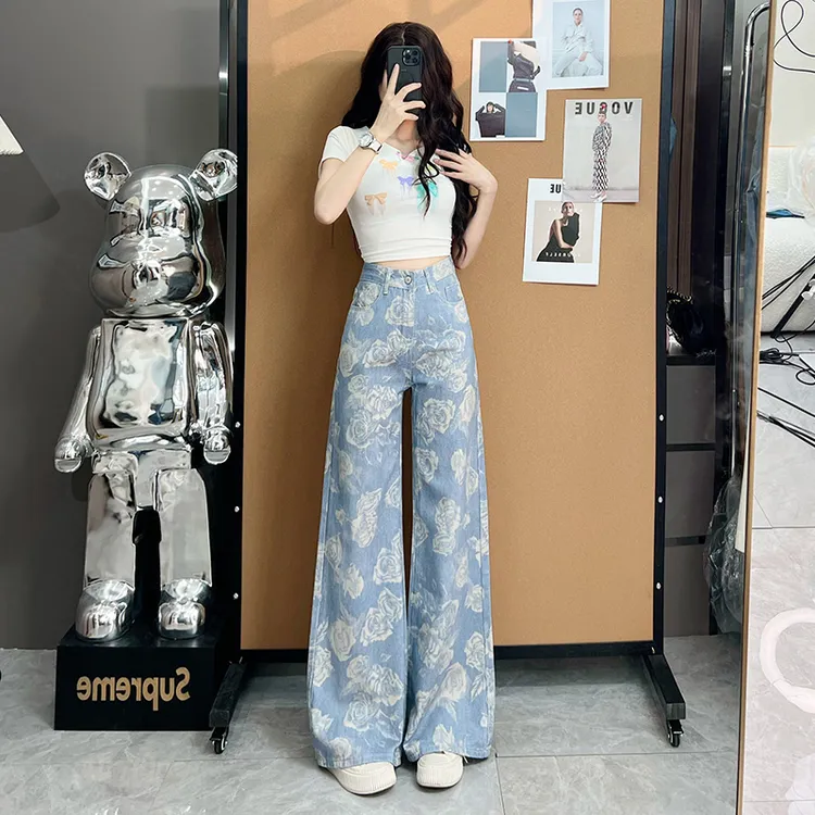 喜绚花色阔腿牛仔裤女2025年新款夏季薄款百搭宽松潮流直筒裤子女