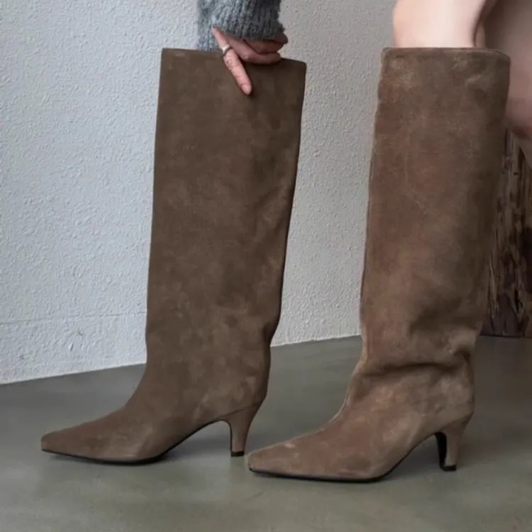 羊皮版~复古圆头粗跟时尚百搭气质舒适高级感时尚尖头简约长筒靴