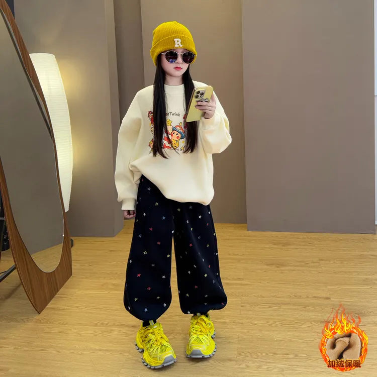 女童2025新款儿童秋冬季韩系甜美可爱百搭加绒卫衣星星休闲裤套装