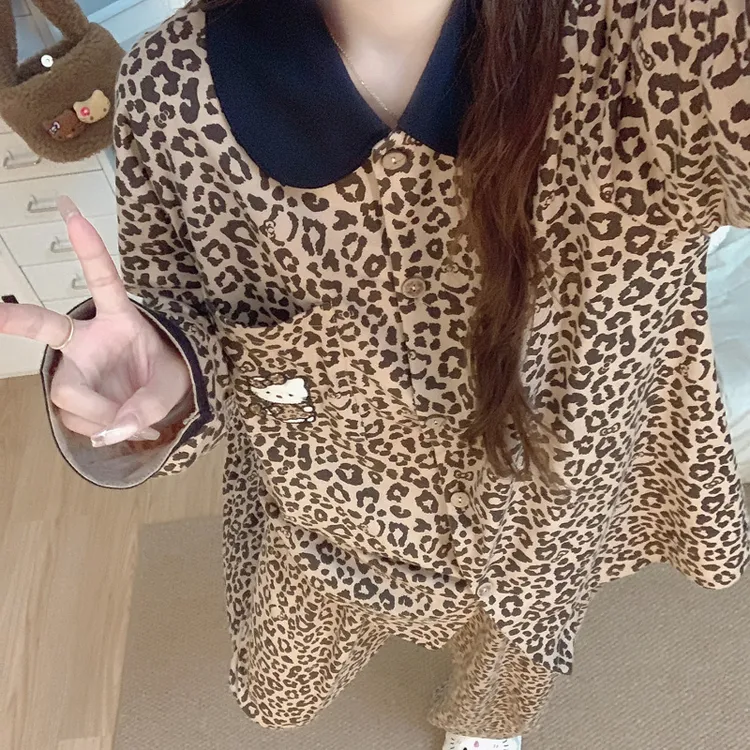 【纯棉】韩系风慵懒睡衣女春秋季长袖纯棉甜美娃娃领豹纹家居服套装