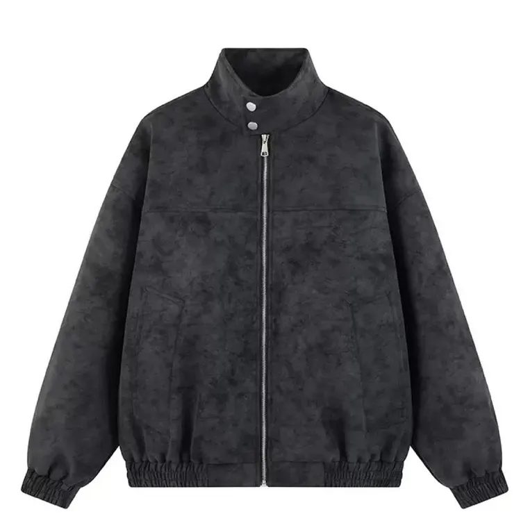 扎染pu皮羊羔绒加绒加厚立领冬季男款棒球服飞行夹克外