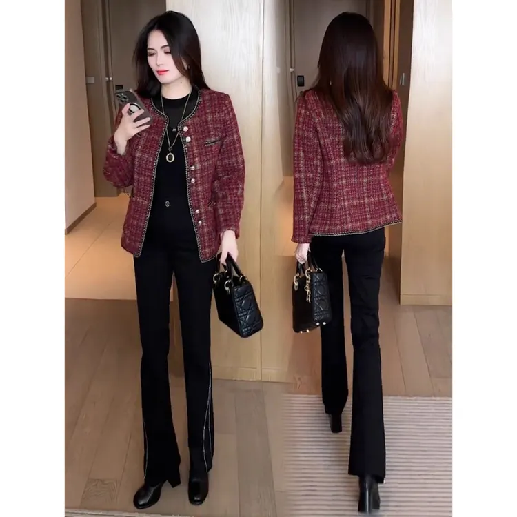 时尚洋气小香风格子外套女修身春秋百搭新款时髦显瘦短款毛呢外套