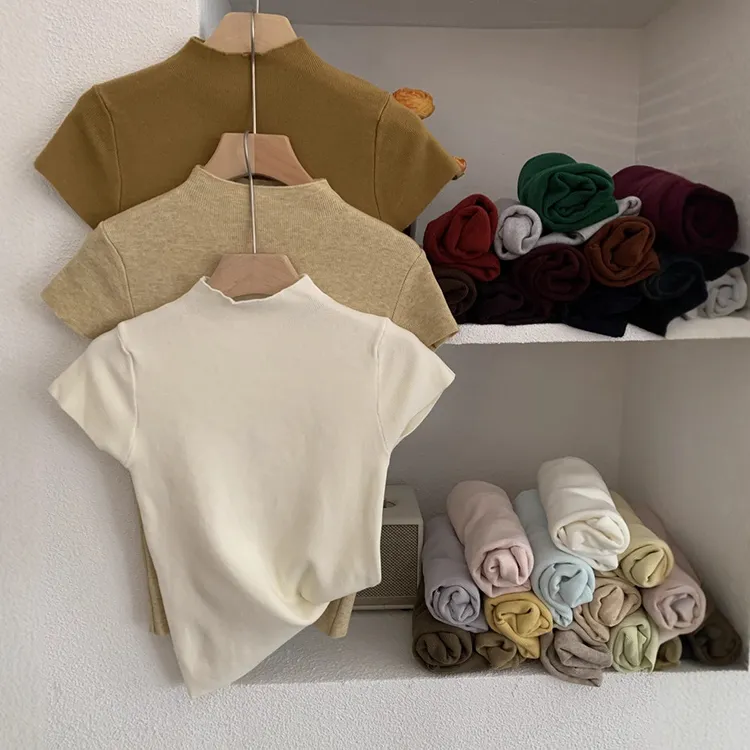 欧玛莱二十八色入百搭立领纯色修身显瘦短袖套头针织衫上衣半高领