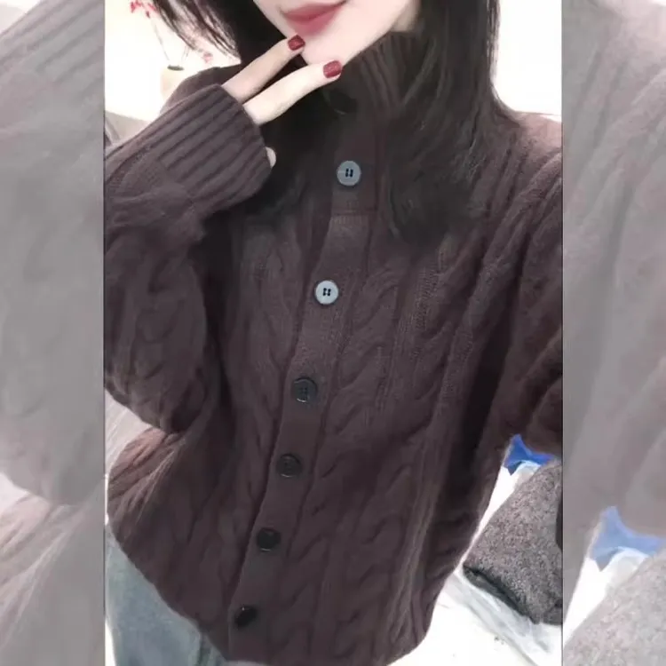 韩版慵懒风复古穿搭2025年秋冬新款时尚高领单排扣针织开衫上衣女