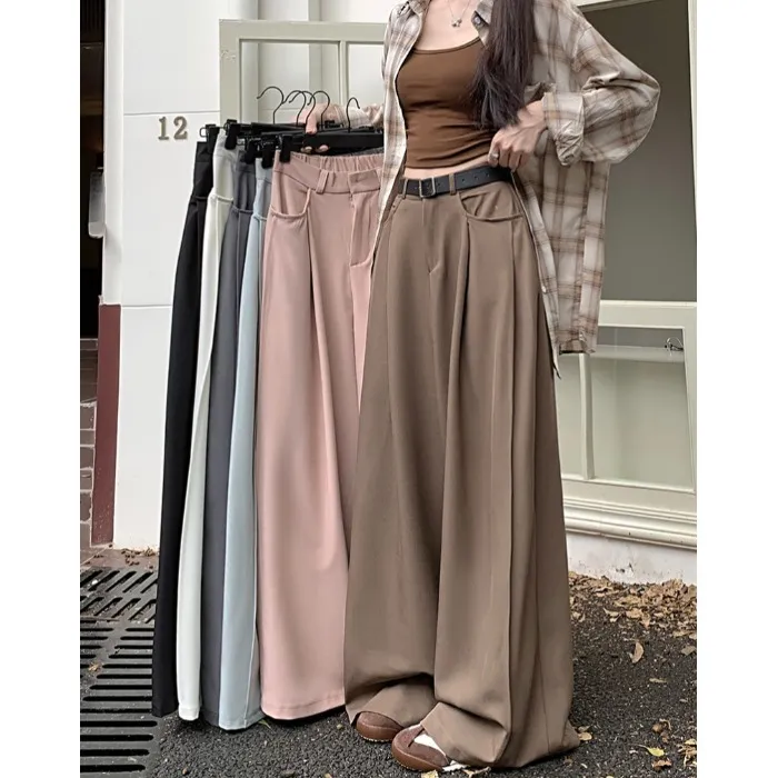 复古咖色高腰西装休闲裤女秋季垂感拖地裤子百搭显瘦直筒阔腿长裤