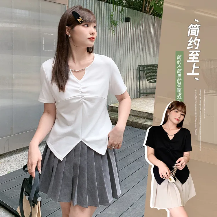夏季胖mm大码女装新款韩版别致链条镂空T恤小众不规则短袖62506