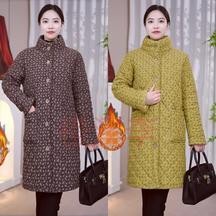 轻奢洋气碎花棉服2025冬季新款遮肉加绒厚款保暖中长款棉衣9741
