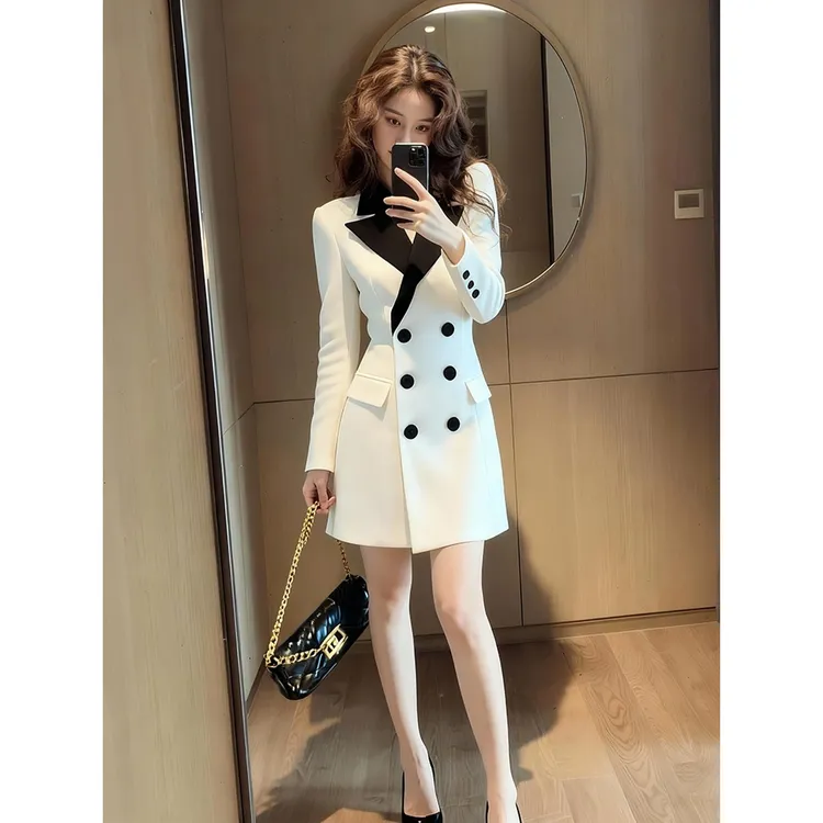 秋季新款长袖裙子轻熟法式收腰气质职业宴会白色撞色西装连衣裙女