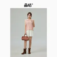 【晶咕&泡芙妈】短款翻领肌理感针织镂空马甲叠穿上衣