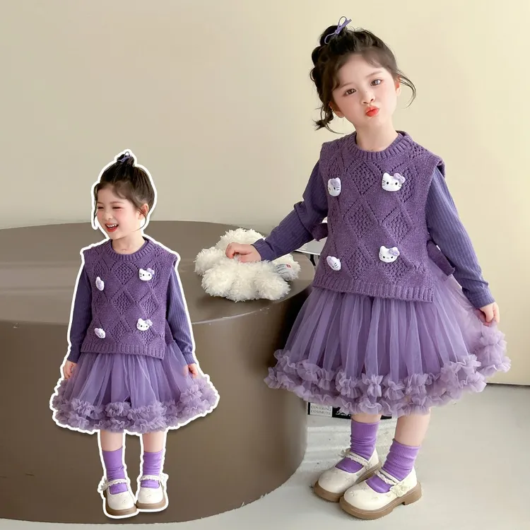 女童卡通动漫猫咪套装秋季毛衣马甲儿童洋气公主裙春秋女孩两件套
