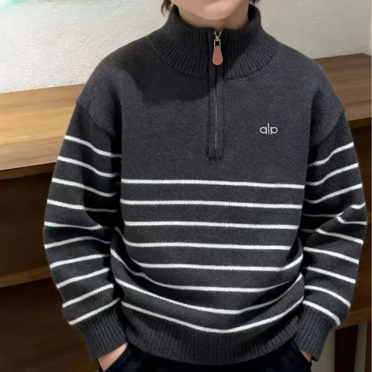 [不起球]韩国绒加绒针织衫男时尚慵懒风加厚长袖立领条纹男童毛衣