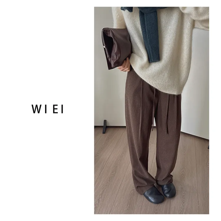 《WI EI》圣马丁*重工压褶羊毛抽绳半松紧腰及地西裤W25302185