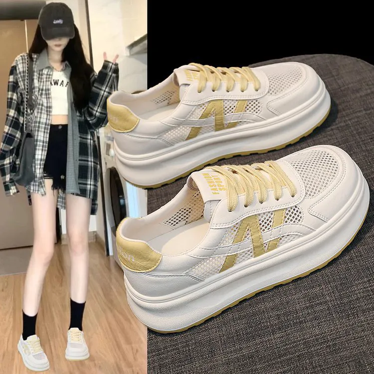 网面小白鞋女2025夏季新款小个子厚底板鞋配裙子轻便透气网鞋