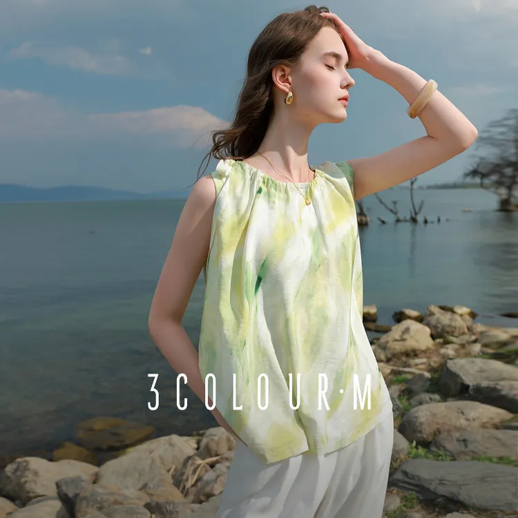 【陈大可专属】三彩2025夏季新款宽松无袖晕染印花衬衣挂脖式dbx