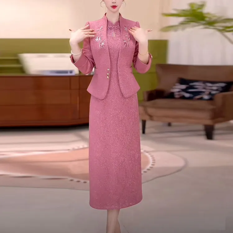 琉璃精纺时尚气质婚宴两件套礼服裙2025秋季新款喜婆婆套装连衣裙